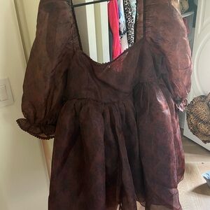 Selkie Sheer Puff-Sleeve Mini Dress in Deep Brown Floral